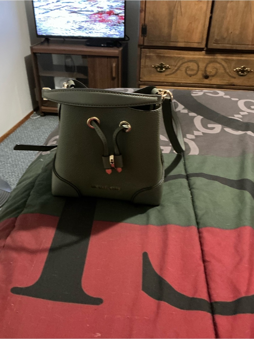 Michael Kors Olive Green Drawstring Bucket Crossbody Bag with Gold Hardware